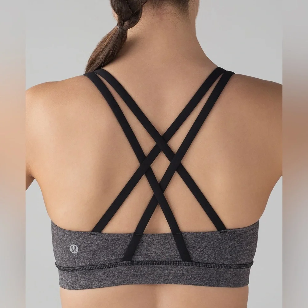 Lululemon Energy Bra Heathered Black Strappy Medium Support B/C Cup Size 8